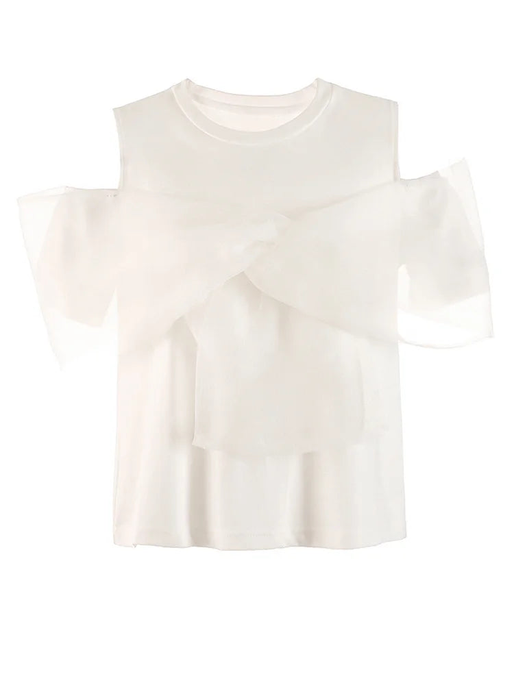 Women pink Color Mesh Bow Off Shoulder Elegant T-shirt New Round Neck Short Sleeve Fashion Tide Spring Summer 2025 1DF8193