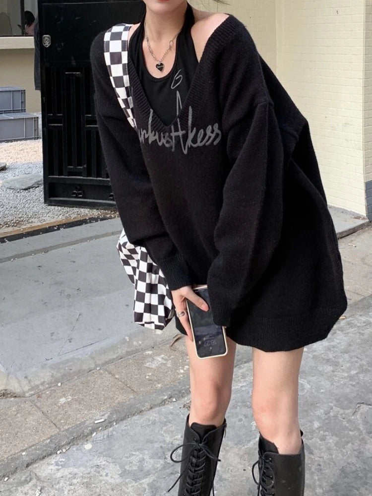 Sexy Korean Fashion Outfits 2025 Spring Autumn Two Pieces Set Women Loose Pullover + Halter Top Letter Print Sweater