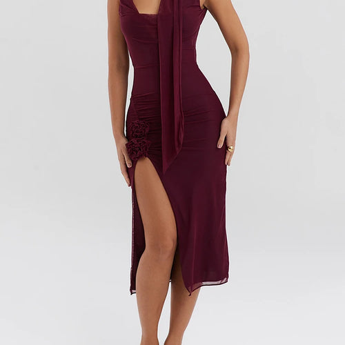 Load image into Gallery viewer, Sexy Sleeveless Lace Up 3D Flower Dress For Women Backless Mesh Patchwork Double-layer Bodycon Elegant Party Evening2024
