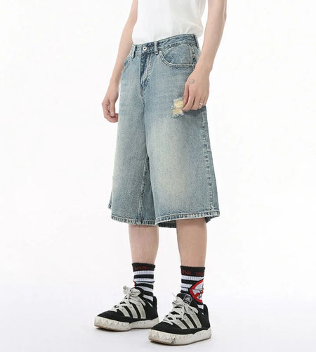 Men's Denim Pants Washed Hole Worn-out Shorts New Fashion American Wide Leg Jeans Stylish Casual Trendy Menwear 9W1588