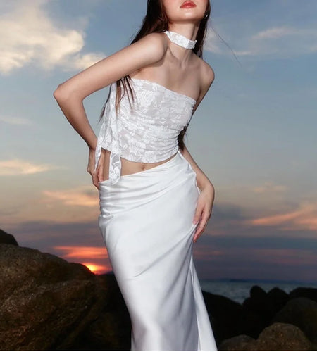 Lace Top y2k Women Coquette Clothes See Through Floral Off Shoulder Strapless Sleeveless Bandeau with Scarf Streetwear