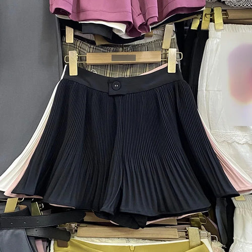 Load image into Gallery viewer, Women Sweet Black White Vacation Zipper Pleated Short Pant Summer Pink High Waist Wide Leg A-line Mini Shorts Casual Simplicity
