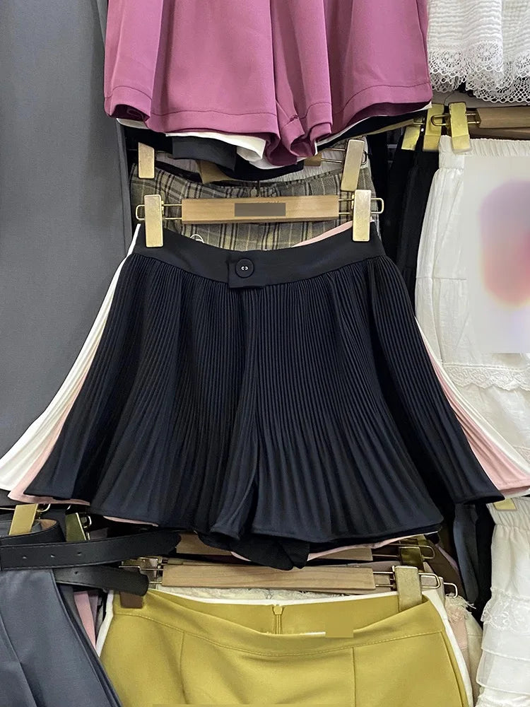 Women Sweet Black White Vacation Zipper Pleated Short Pant Summer Pink High Waist Wide Leg A-line Mini Shorts Casual Simplicity