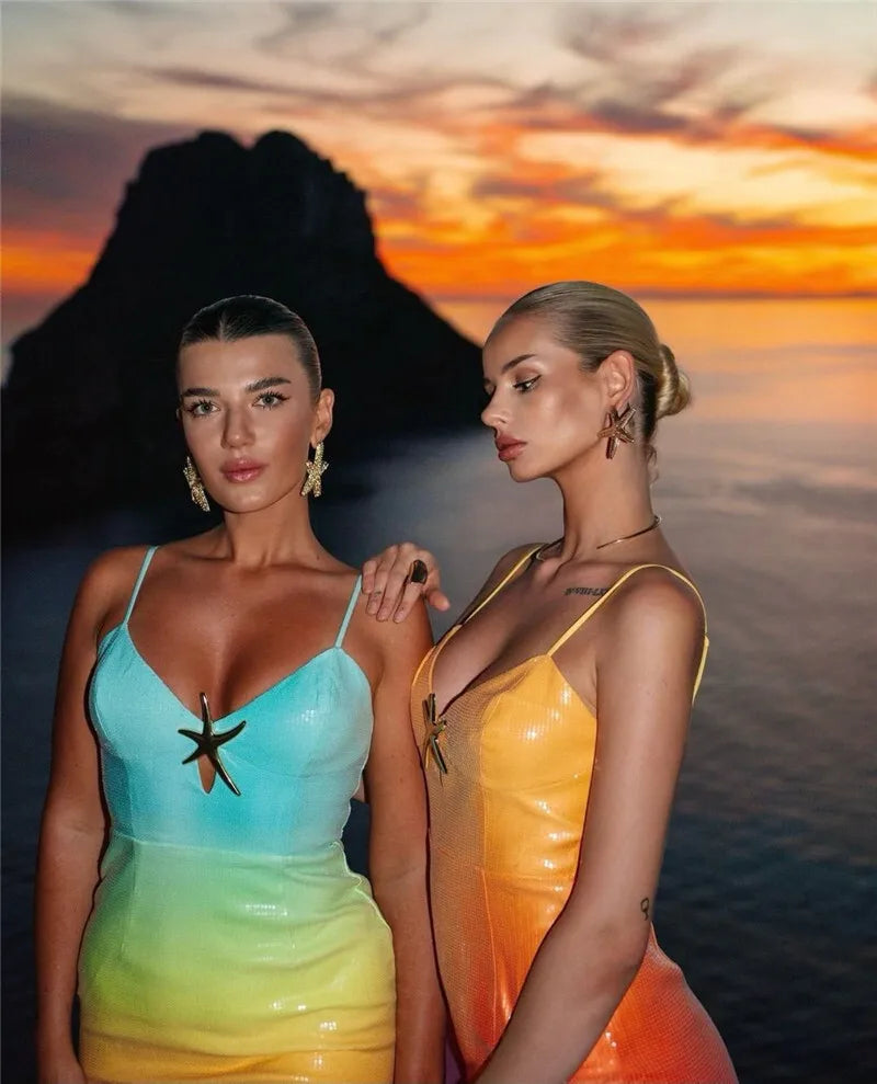 Sequins Spaghetti Strap Gradient Sexy Maxi Dress For Women Fashion Sleeveless Backless Split Sparkle Club Party Dress