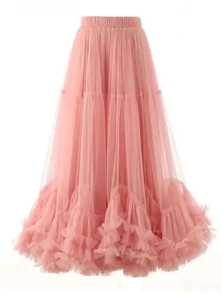 High Elastic Waist Red Mech Ruffles A-line Elegant Midi Half-body Skirt Women Fashion New Spring Autumn 2025 1DH2027