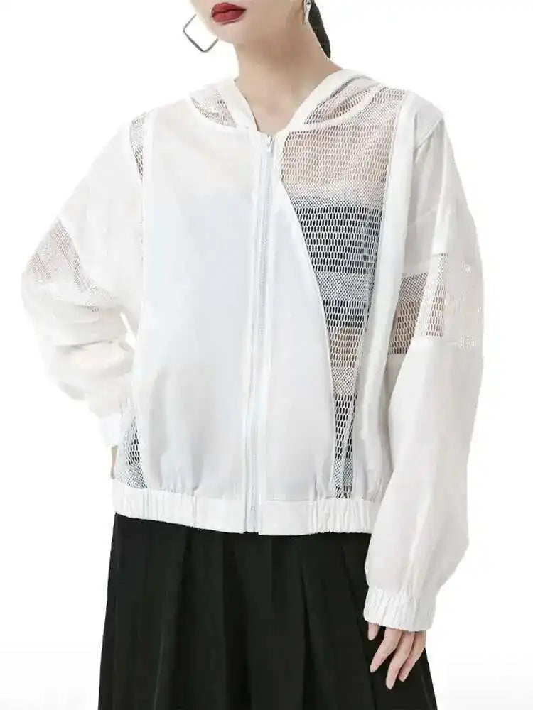 White Mesh Perspective Big Size Thin Jacket New Hooded Long Sleeve Women Coat Fashion Tide Spring Autumn 2025 1DH6562