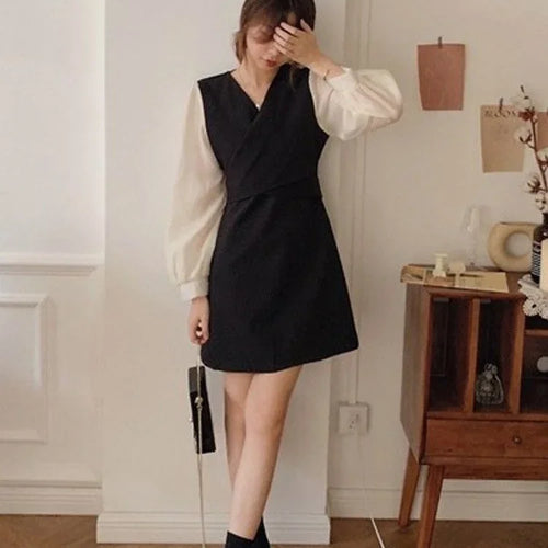 Load image into Gallery viewer, Autumn Chiffon Mini Dress Women Casual Long Sleeve Short Dresses Vintage Retro Office Laides Korean Kpop Fashion
