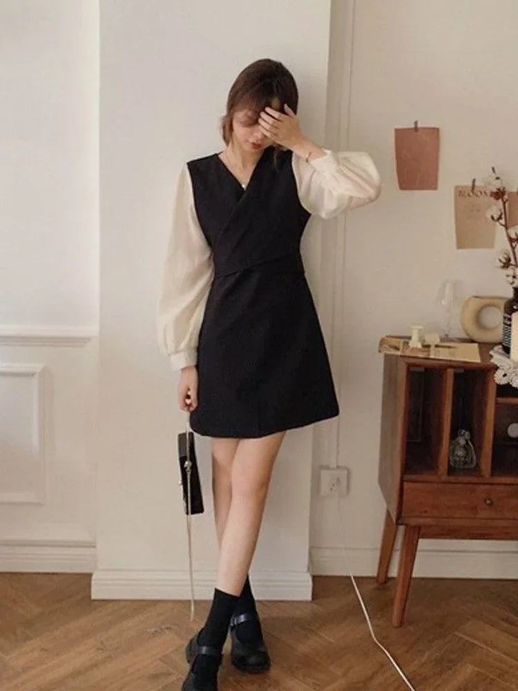 Autumn Chiffon Mini Dress Women Casual Long Sleeve Short Dresses Vintage Retro Office Laides Korean Kpop Fashion