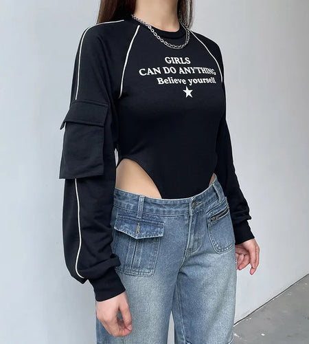 Streetwear Stripe Stitching Cargos Black Autumn Bodysuit Women Tops Fashion Elegant Bodies Pockets One Piece Jumpsuit