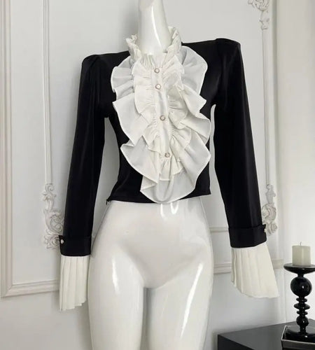 French Women Black White Patchwork Elegant Ruffles Blouse Autumn Fashion Long Sleeve Pleated Shirt Vintage Festival Short Tops