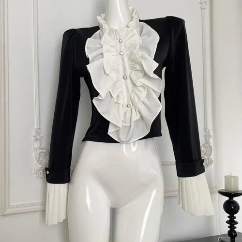 Load image into Gallery viewer, French Women Black White Patchwork Elegant Ruffles Blouse Autumn Fashion Long Sleeve Pleated Shirt Vintage Festival Short Tops

