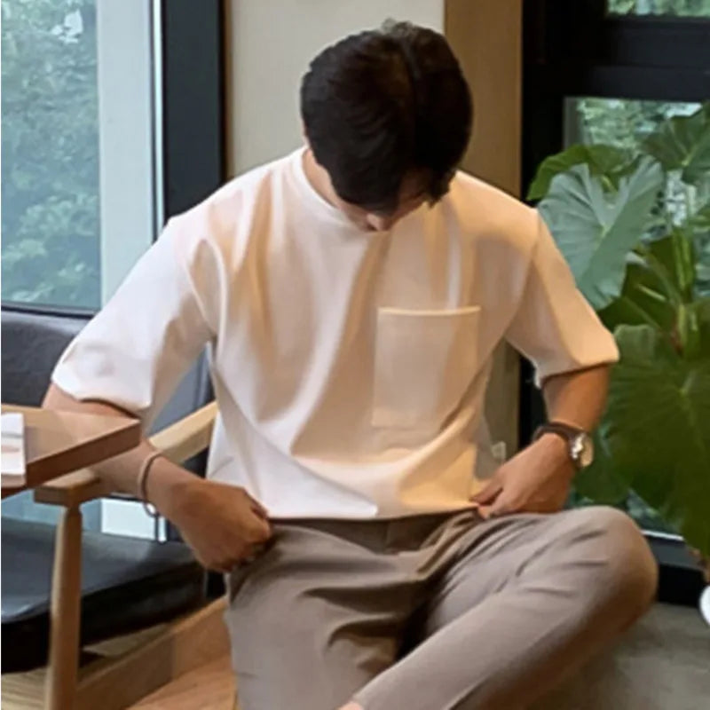 Summer Men's T-shirt Solid Color Pullover Casual Loose Round Neck Male Short Sleeve T-shirts New Top Pocket 2025 9W1358