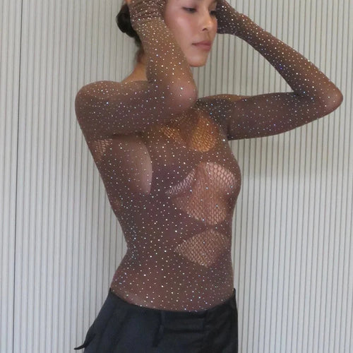 Load image into Gallery viewer, Sexy Mesh Hollow Out Long Sleeve Bodysuit Women Elastic Slim Perspective Shiny Jumpsuit Female Party Club Autumn 2023
