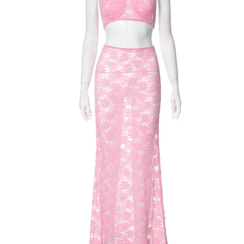 Load image into Gallery viewer, Sexy Lace Tight Two Piece Set For Women's Summer New Solid Color Lace Top High Waist Perspective Long Dress Set 2024
