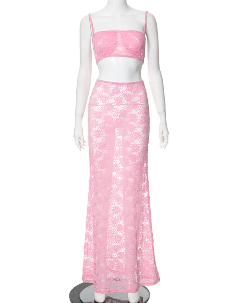 Sexy Lace Tight Two Piece Set For Women's Summer New Solid Color Lace Top High Waist Perspective Long Dress Set 2024