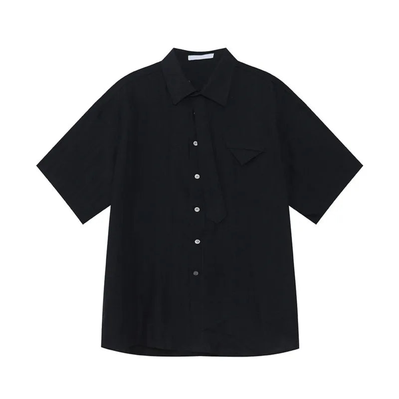 Korean Style Men Two-piece Sets Lapel Solid Color Short Sleeve Single Breasted Shirt Elastic Waist Drawstring Pants 9W1256