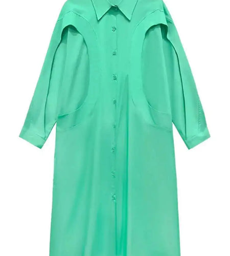 Women Green Rose Red Spliced Big Size Midi Shirt Dress New Lapel Long Sleeve Fashion Tide Spring Autumn 2025 1DH5167