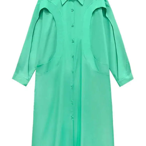 Load image into Gallery viewer, Women Green Rose Red Spliced Big Size Midi Shirt Dress New Lapel Long Sleeve Fashion Tide Spring Autumn 2025 1DH5167
