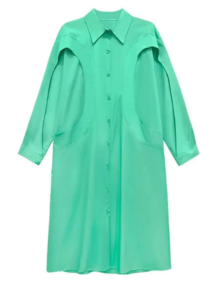 Women Green Rose Red Spliced Big Size Midi Shirt Dress New Lapel Long Sleeve Fashion Tide Spring Autumn 2025 1DH5167