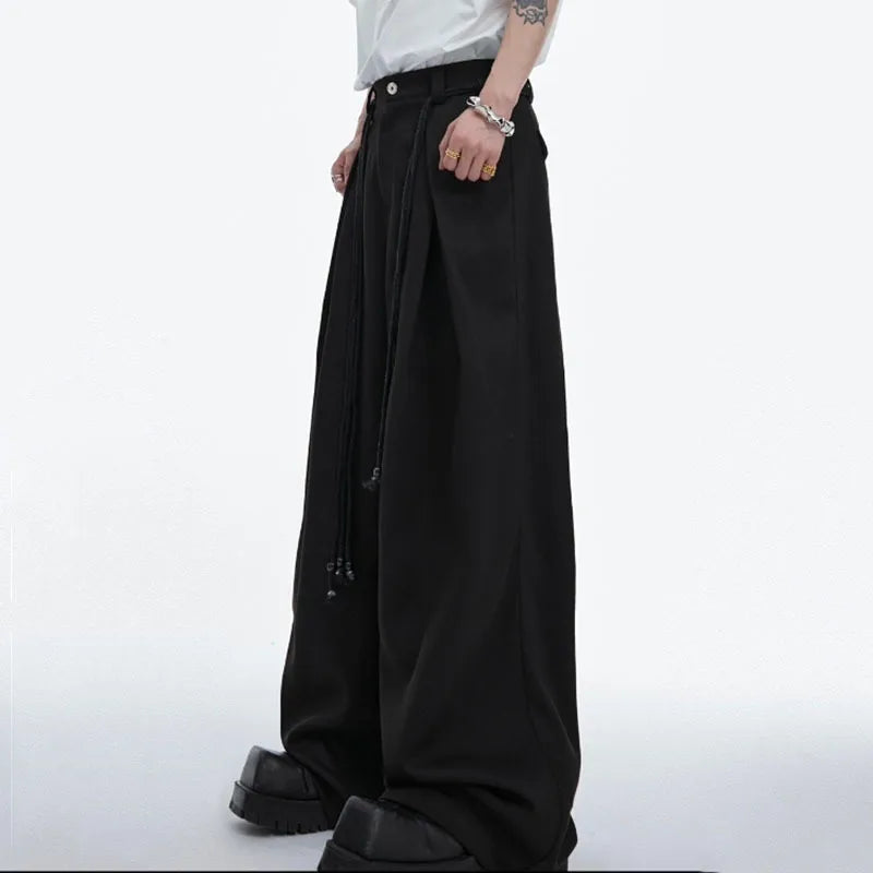 Strap Design Casual Pants Loose Straight Solid Color Lace-up Wide Leg Male Trousers Loose Simple Fashion 24E1288