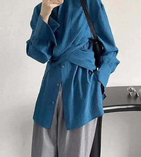 Women Apricot Cross Bandage Blouse New Stand Collar Long Sleeve Loose Fit Shirt Fashion Tide Spring Autumn 2025 1DF1552