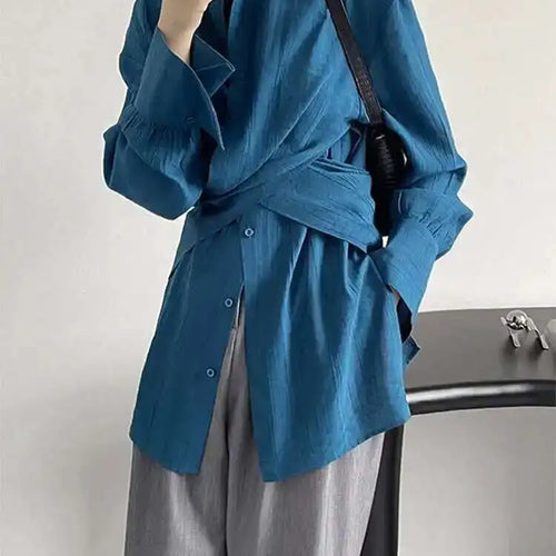 Load image into Gallery viewer, Women Apricot Cross Bandage Blouse New Stand Collar Long Sleeve Loose Fit Shirt Fashion Tide Spring Autumn 2025 1DF1552
