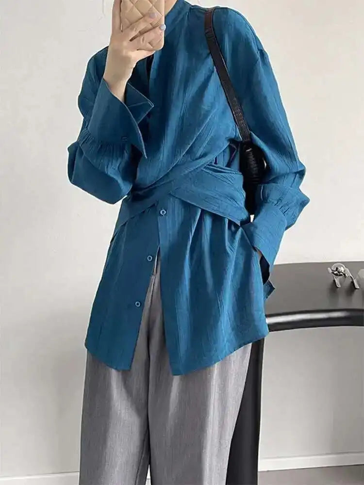 Women Apricot Cross Bandage Blouse New Stand Collar Long Sleeve Loose Fit Shirt Fashion Tide Spring Autumn 2025 1DF1552