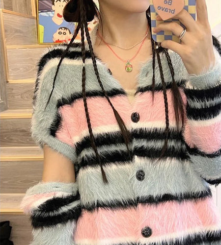 Kawaii Rainbow Striped Cardigan Women Detachable Long Sleeve Fluffy Sweater Coat Japanese Y2k All Match Kardigan Jacket