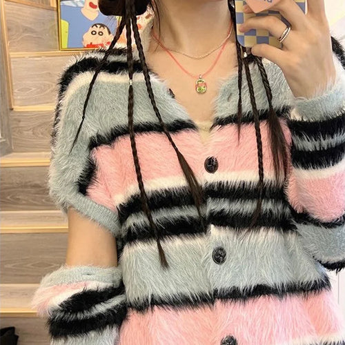 Load image into Gallery viewer, Kawaii Rainbow Striped Cardigan Women Detachable Long Sleeve Fluffy Sweater Coat Japanese Y2k All Match Kardigan Jacket
