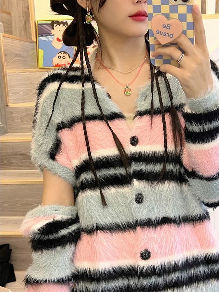 Kawaii Rainbow Striped Cardigan Women Detachable Long Sleeve Fluffy Sweater Coat Japanese Y2k All Match Kardigan Jacket