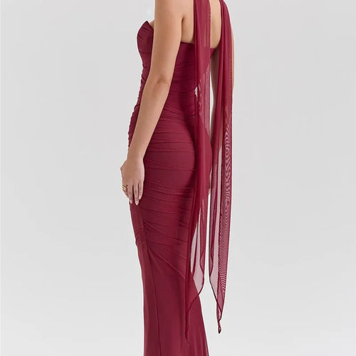 Load image into Gallery viewer, Wine Red Sexy Two Piece Sets Women Neckerchief Strapless Crop Tops And Maxi Skirt Sets Club Party Skirt Two Piece Sets
