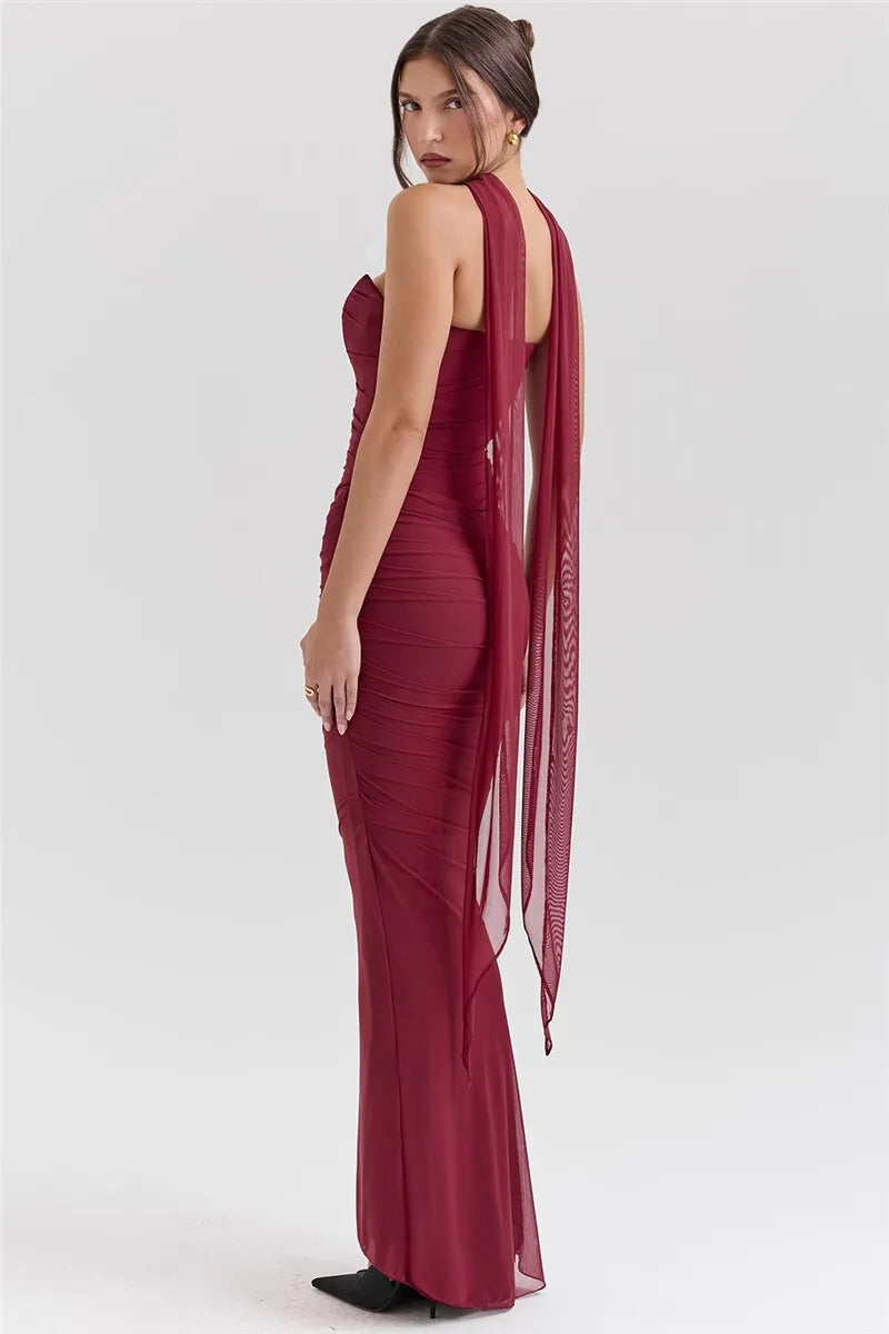 Wine Red Sexy Two Piece Sets Women Neckerchief Strapless Crop Tops And Maxi Skirt Sets Club Party Skirt Two Piece Sets