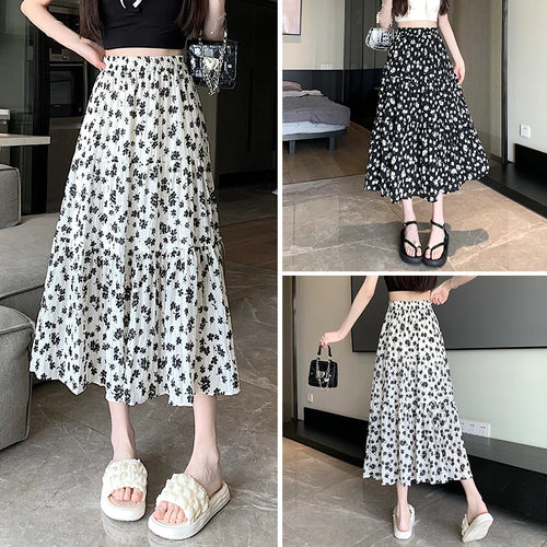 Load image into Gallery viewer, Spring Summer Women Black Beige Floral Elegant Pleated Long Skirts Vintage Elastic High Waist Vacation A-line Skirt Bohemian New
