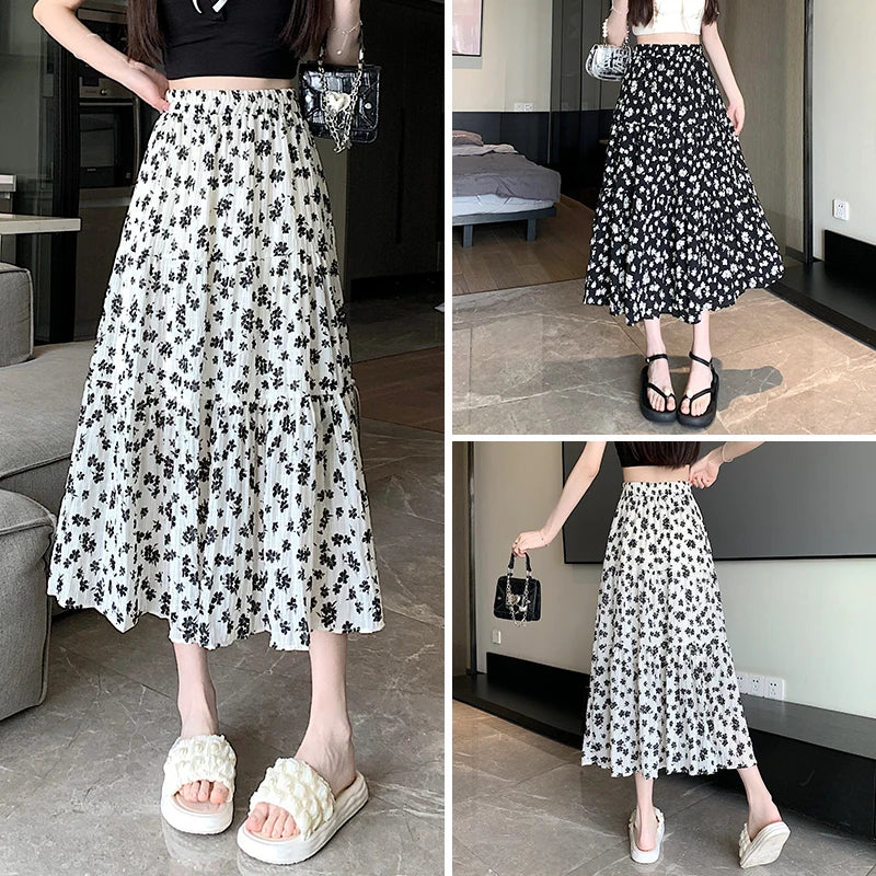 Spring Summer Women Black Beige Floral Elegant Pleated Long Skirts Vintage Elastic High Waist Vacation A-line Skirt Bohemian New
