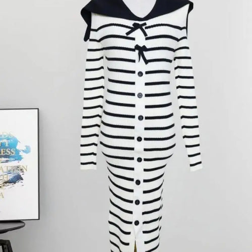 Load image into Gallery viewer, Autumn Winter Vintage Black White Striped Elegant Long Sleeve Dress Women French Single Breasted Office Bow Split Knitted Dress
