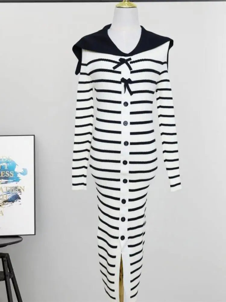 Autumn Winter Vintage Black White Striped Elegant Long Sleeve Dress Women French Single Breasted Office Bow Split Knitted Dress