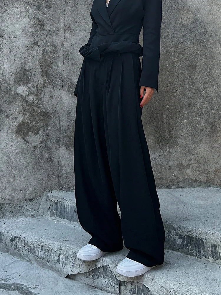 Patchwork Ruched Wide Leg Pants For Women High Waist Solid Minimalist Loose Autumn Trousers Female Fashion Clothing