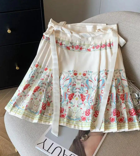 Spring Chinese Style Improved Printed Bandage Mini Skirt Women High Waist Slim A-line Pleated Horse Face Short Skirts Versatile