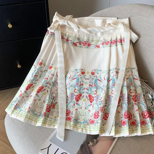Load image into Gallery viewer, Spring Chinese Style Improved Printed Bandage Mini Skirt Women High Waist Slim A-line Pleated Horse Face Short Skirts Versatile
