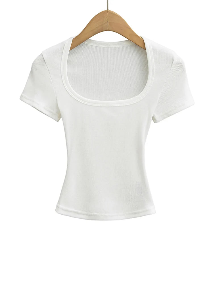 Square Collar High Stretch Summer Crop Tops Women Short Sleeve Tops Sexy Pullover Bottoming Blouses Slim T-shirt