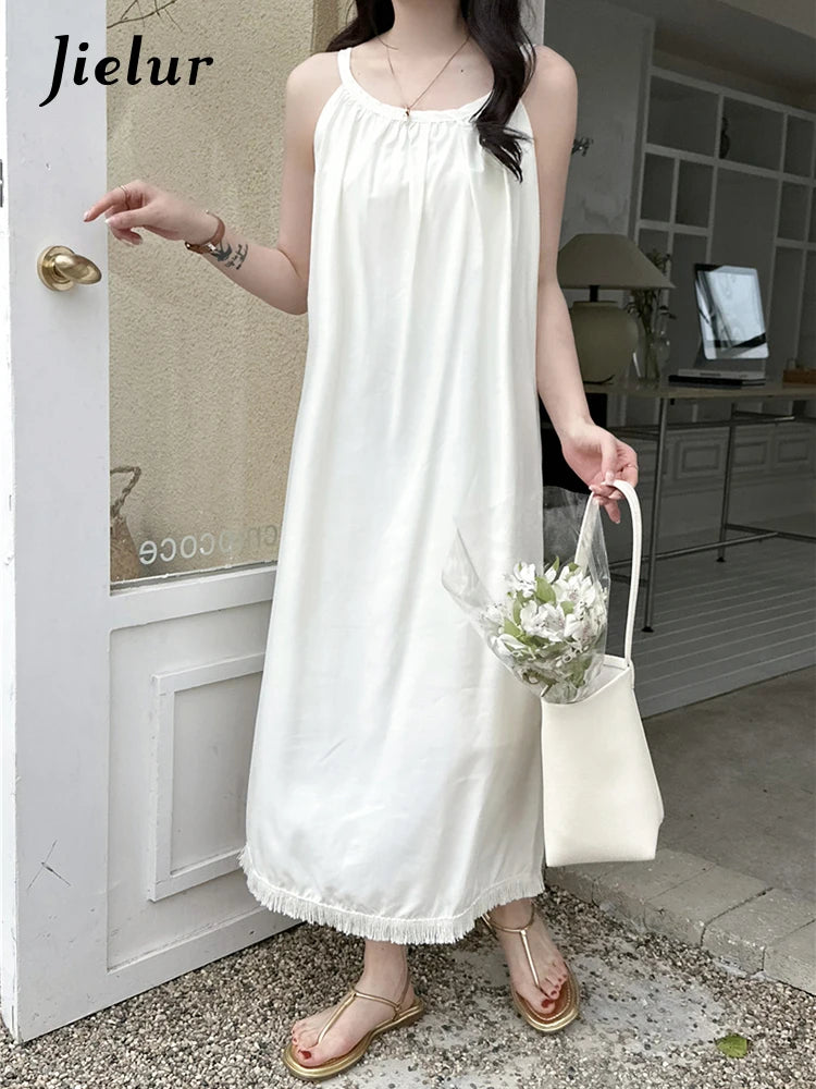 White Sleeveless Female Maxi Dresses French Style Elegant O-neck Solid Color Loose Fashion Streetwear Office Ladies