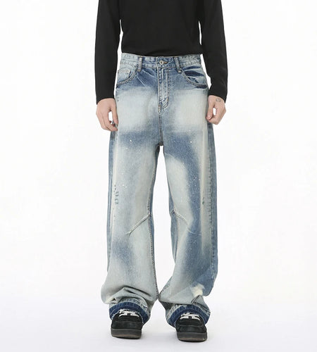 Niche Design Men's Denim Trousers Splash-ink Contrast Color Mill White Raw Edge Baggy Male Straight Leg Jeans Chic 9W1268