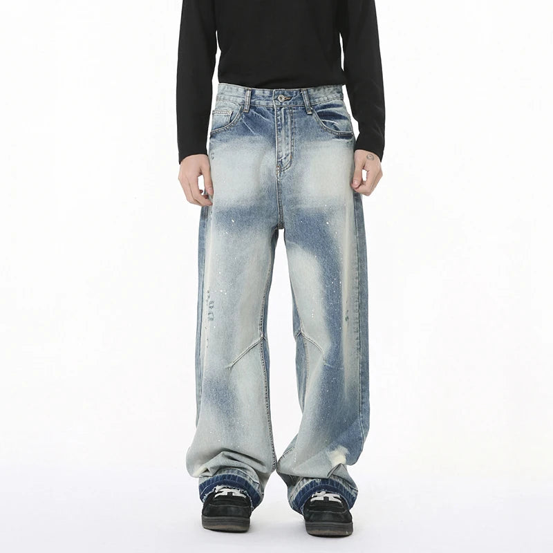 Niche Design Men's Denim Trousers Splash-ink Contrast Color Mill White Raw Edge Baggy Male Straight Leg Jeans Chic 9W1268