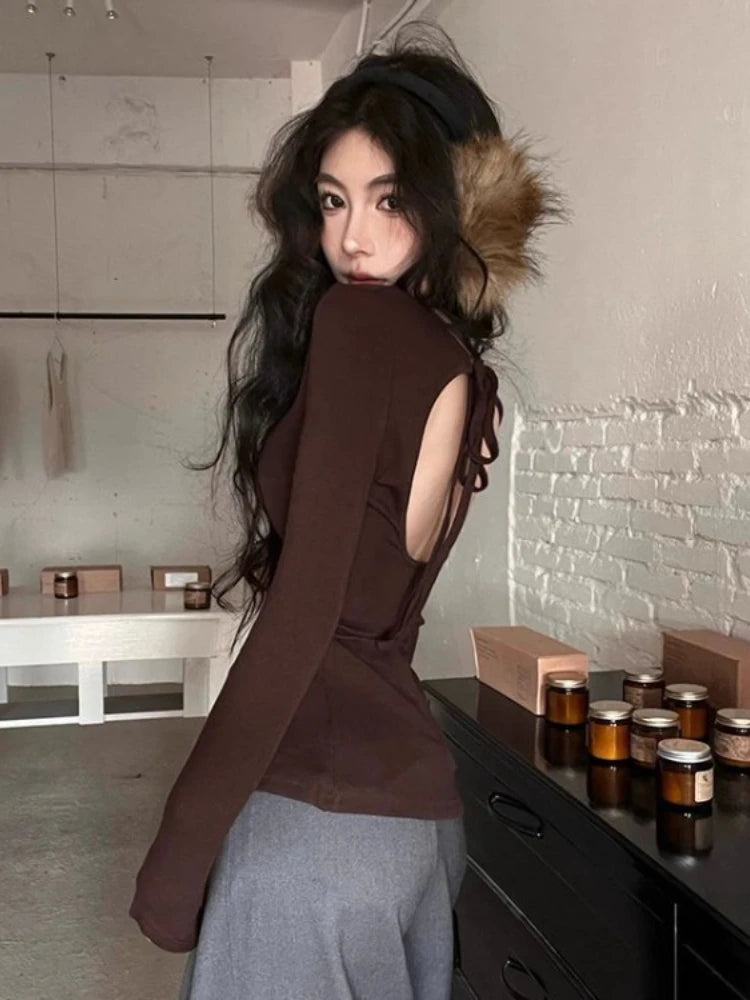 Korean Vintage Grunge Long Sleeve Tees Streetwear Trendy Sexy Casual Simple Women T-shirt Y2k Aesthetic All Match Slim Tshirts