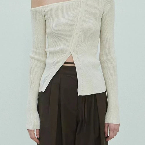 Load image into Gallery viewer, Autumn Knitted Slash Neck Off Shoulder T-shirts Slim Single Breasted Slim Fit Tops Women Black Sexy Y2k Aesthetic Grunge Tees
