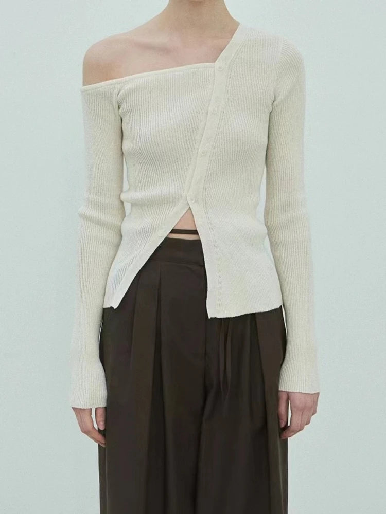 Autumn Knitted Slash Neck Off Shoulder T-shirts Slim Single Breasted Slim Fit Tops Women Black Sexy Y2k Aesthetic Grunge Tees