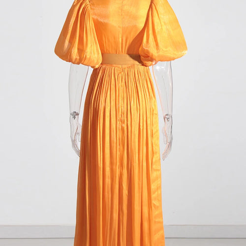 Load image into Gallery viewer, Pleasted Slim Long Dresses For Women V Neck Lantern Sleeve High Waist Spliced Belt Solid Split Thigh Dress Female Fashion
