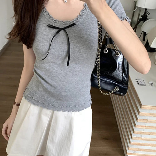 Load image into Gallery viewer, Y2k Aesthetic Summer Apricot Sweet Bow Tees 2025 Vintage Knitted Ruffled Fairy Tshirts Women Harajuku Grunge Slim Fit Thin Tops
