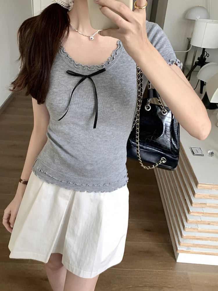 Y2k Aesthetic Summer Apricot Sweet Bow Tees 2025 Vintage Knitted Ruffled Fairy Tshirts Women Harajuku Grunge Slim Fit Thin Tops