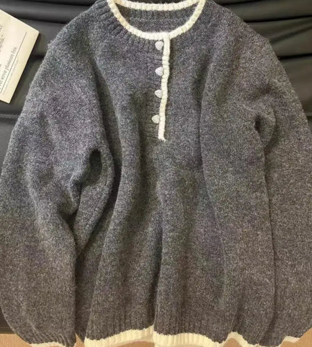 Autumn Winter Grey Patchwork Button Round Neck Knitted Tops Korean Women Casual Long-sleeved Vacation Pullover Short Sweater New